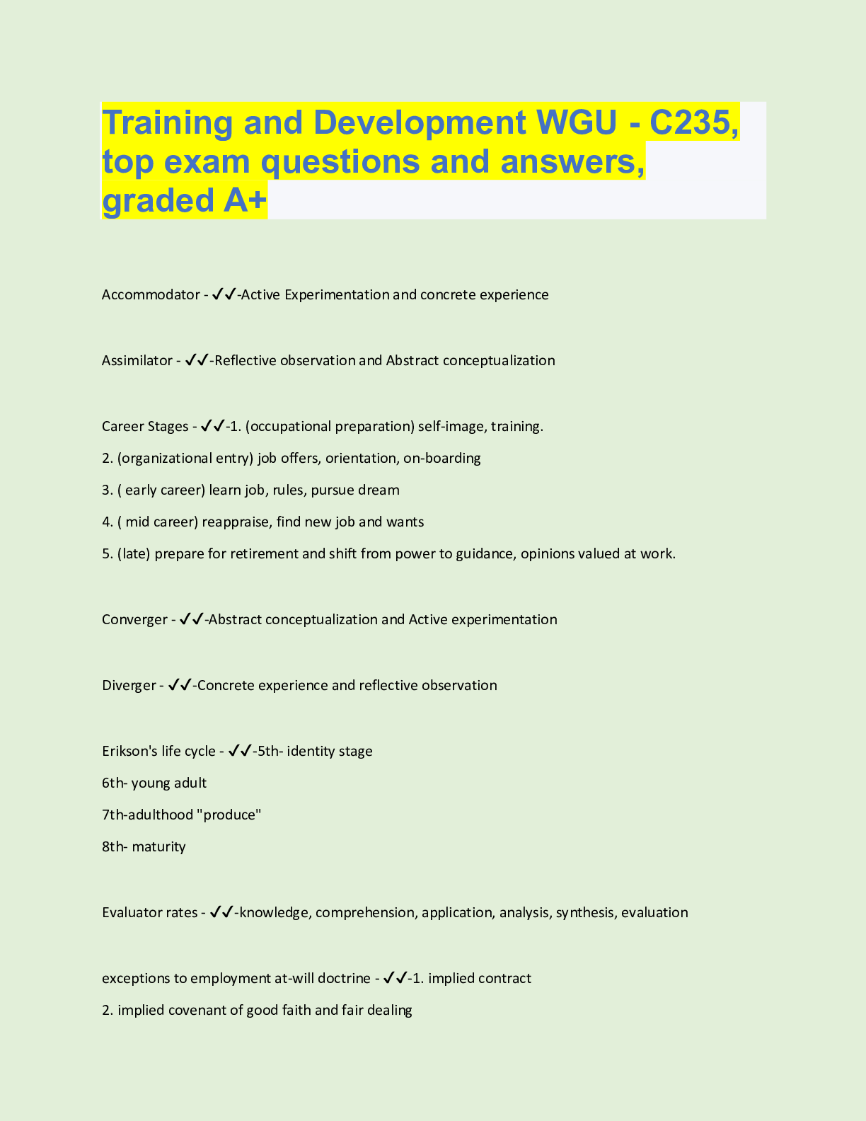 Preview of Training and Development WGU - C235,  top exam questions and answers,  graded A+